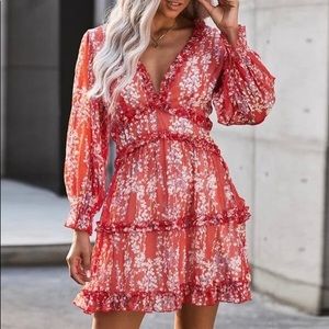 Long Sleeve Red Floral Dress